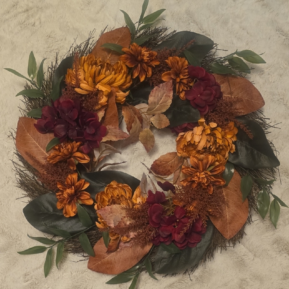 Ashland Autumn Wreath with Orange and Burgundy Accents- Green Tag